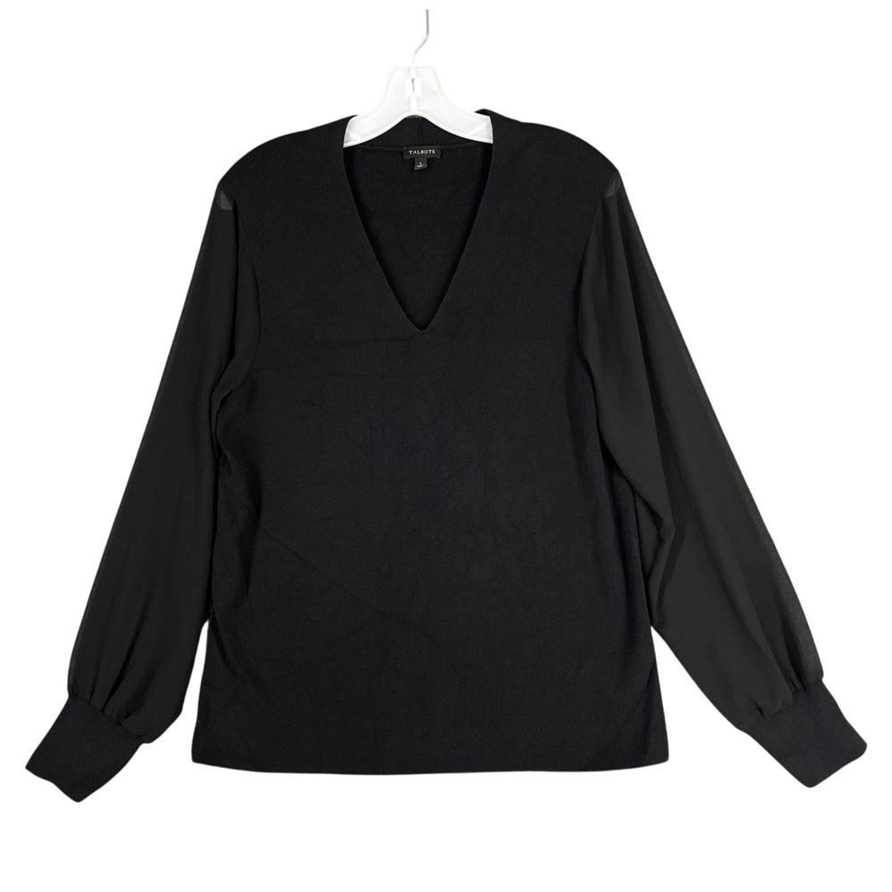Talbots Sheer Sleeve Knit Blouse L Black V Neck Mixed Media Classic Career Style